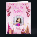 Pink with heart balloons kids birthday photo card<br><div class="desc">Pink party background background with heart shaped balloons kids birthday photo card, of one photo in the middle.</div>