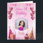 Pink with heart balloons kids birthday photo card<br><div class="desc">Pink party background background with heart shaped balloons kids birthday photo card,  of one photo in the middle.</div>