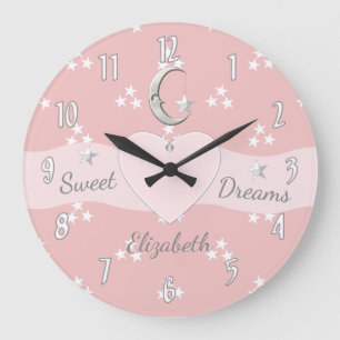 Pink with moon stars and baby name large clock