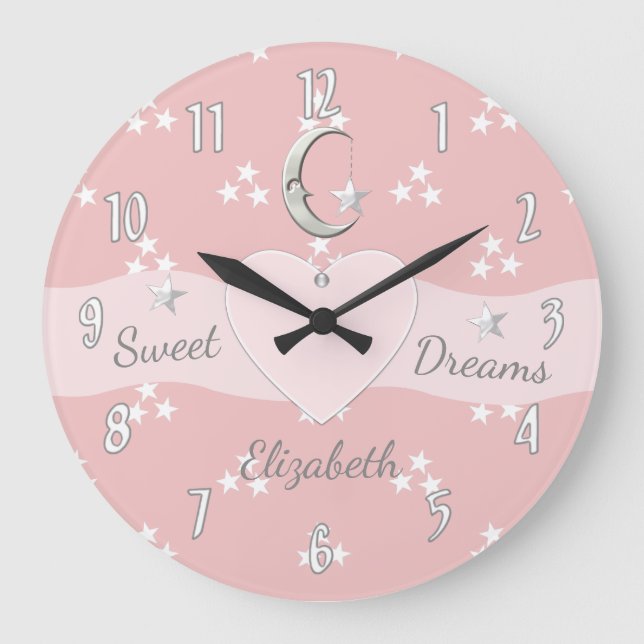 Pink with moon stars and baby name large clock (Front)