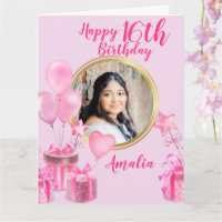 Pink with presents and balloons round photo 