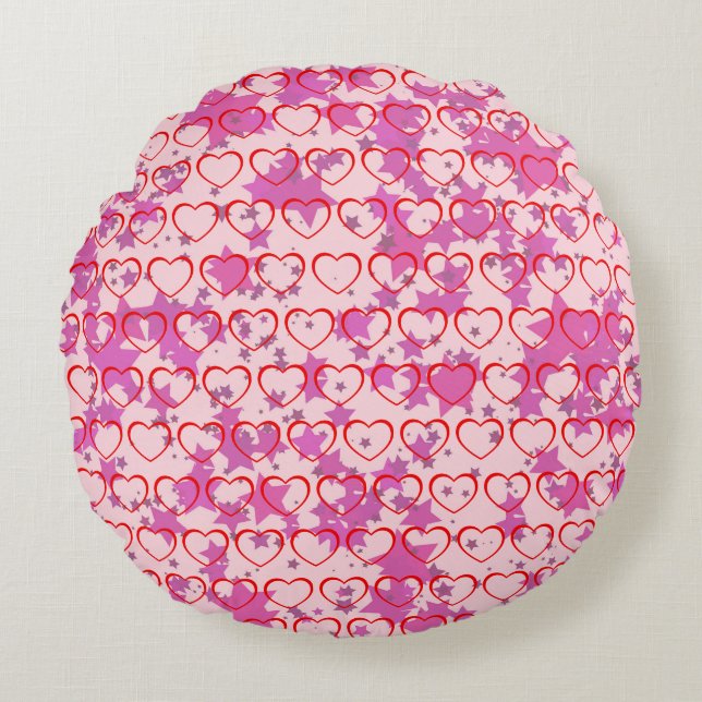 Pink with red hearts round pillow (Front)