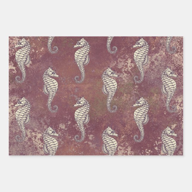 Pink with White Seahorse Wrapping Paper Sheet (Front)