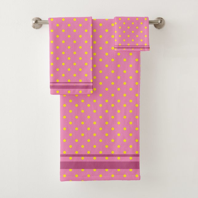 Pink With Yellow Polka Dots And Pink Stripes Bath Towel Set (Insitu)