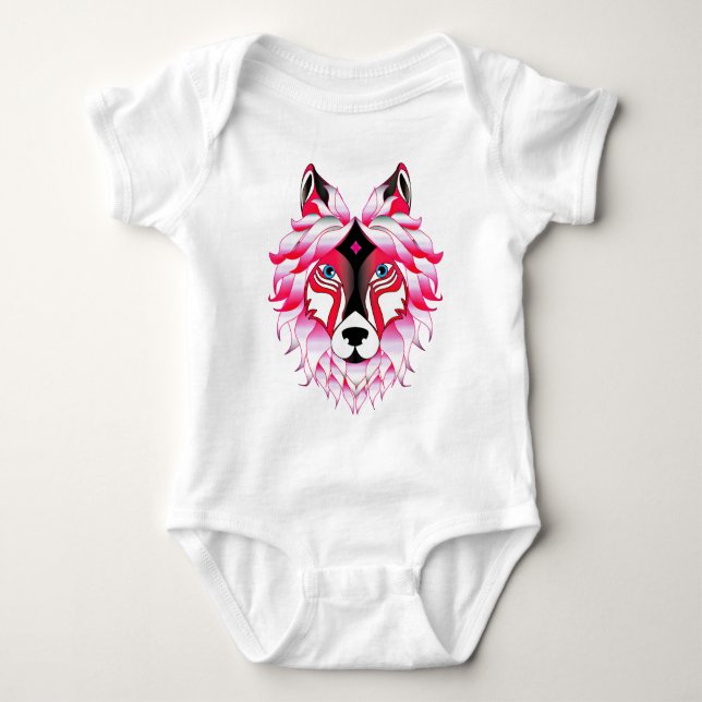 Pink Wolf Head Polygon Design-24531 Baby Bodysuit (Front)