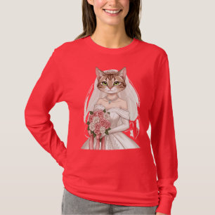 Pink Women's T-Shirt with Cute Bride Cat Design -
