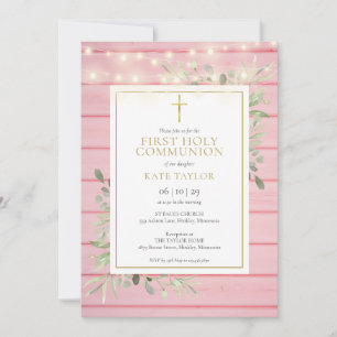 Pink Wood Lights Greenery First Holy Communion Invitation
