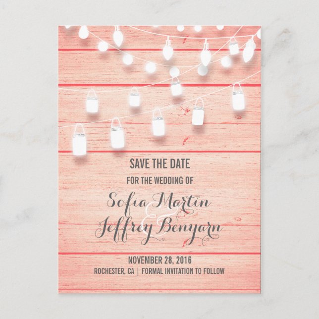 Pink Wood Rustic Mason Jar Lights Save the Date Announcement Postcard (Front)
