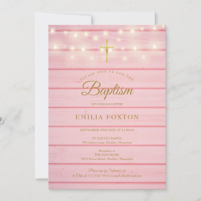 Pink Wood String Lights Baptism Christening Invitation (Front)