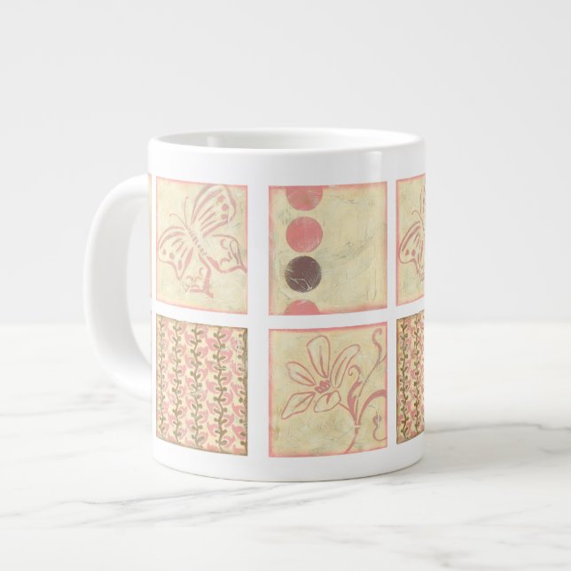 Pink Woodblock Drawings by Chariklia Zarris Large Coffee Mug (Front Left)
