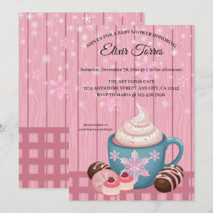 Pink Wooden Hot Cocoa Whipped Cream Baby Shower Invitation