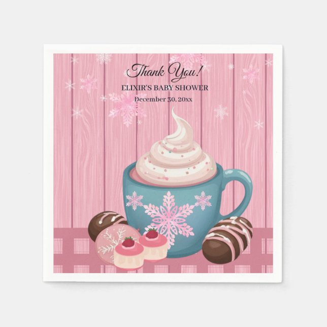 Pink Wooden Hot Cocoa Whipped Cream Baby Shower Napkin (Front)