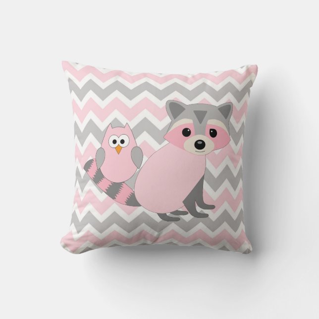 Pink Woodland animal baby nursery decor, fox owl Throw Pillow (Front)