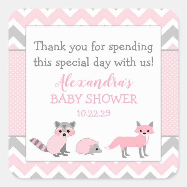 Pink woodland animal baby shower favour sticker (Front)