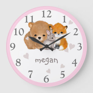 Pink Woodland Animal Fox Bear Bunny Wall Clock