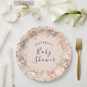 Pink Woodland Animals Personalized Name Paper Plate