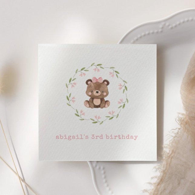 Pink Woodland Bear Floral Eucalyptus Birthday Napkin (Creator Uploaded)