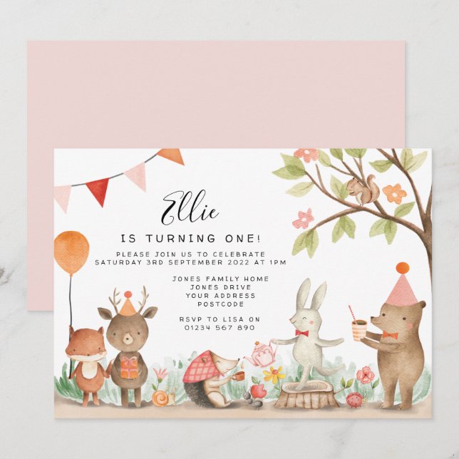 Pink Woodland Birthday Party Invitation (Front/Back)