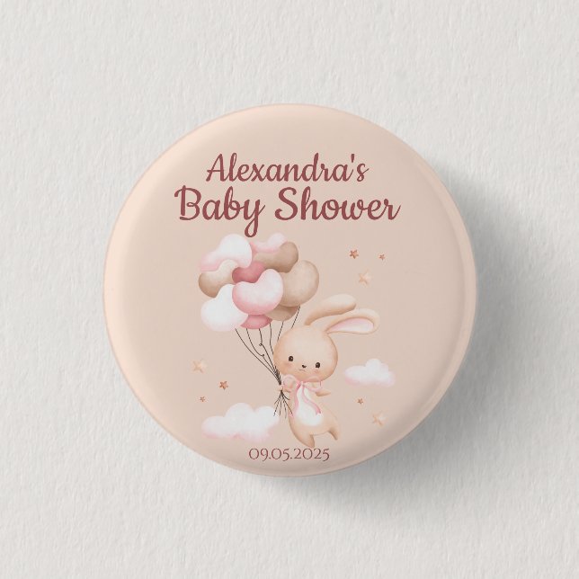 Pink Woodland Bunny Rabbit Baby Shower 1 Inch Round Button (Front)