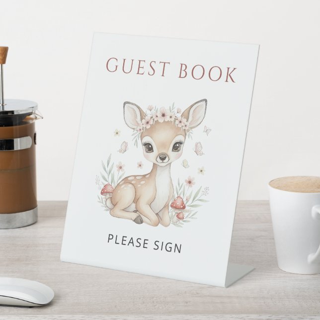 Pink Woodland Deer Girl Baby Shower Guest Book Pedestal Sign (In SItu)