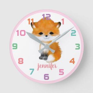 Pink Woodland Fox Colourful Kids Wall Clock