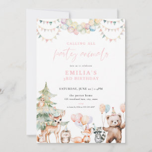 Pink Woodland Party Animals Birthday Invitation