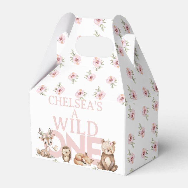 Pink Woodland Wild One 1st Birthday Favor Box (Front Side)