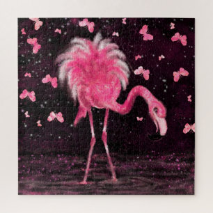 Pink World - Flamingo & Butterflies - Art Drawing Jigsaw Puzzle