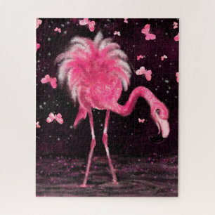 Pink World - Flamingo & Butterflies - Drawing Art Jigsaw Puzzle