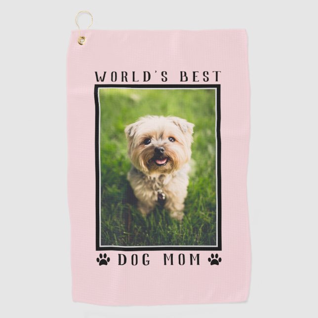 Pink World's Best Dog Mom Paw Prints Pet Photo Golf Towel (Front)