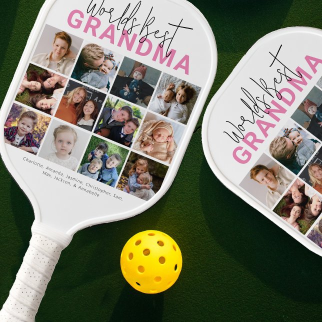 Pink Worlds Best Grandma | Photo Collage Pickleball Paddle (Creator Uploaded)