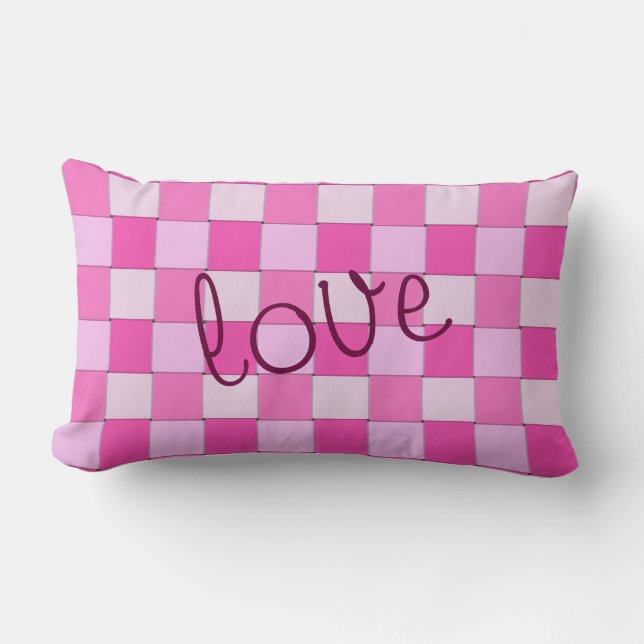 Pink Woven Chequered Pattern with Love Lumbar Pillow (Front)
