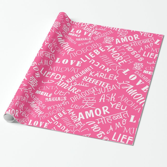 Pink Wrapping Paper with Multilingual Love Text (Unrolled)