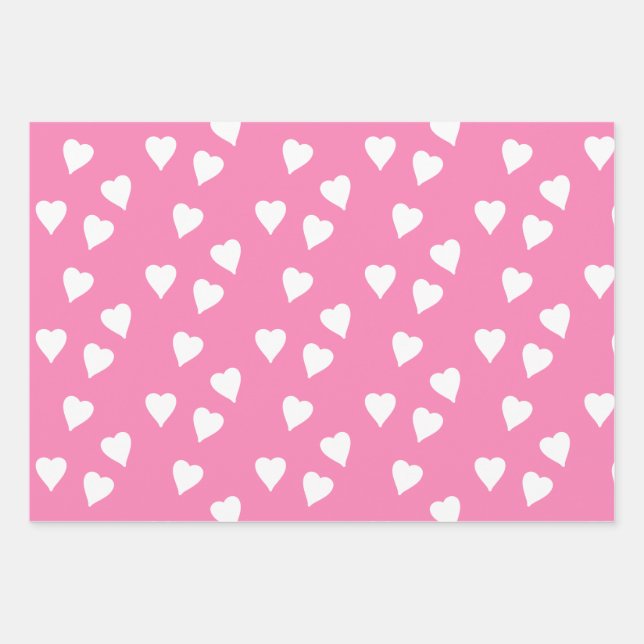Pink Wrapping With White Hearts Wrapping Paper Sheet (Front)