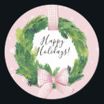 Pink Wreath Christmas Holiday Gift Label Sticker<br><div class="desc">Featuring a pink snowy background with a wreath and pink gingham plaid bow that matches our Home {  a Dog} For the Holidays collection!  You can change the background colour to any that matches  your gift wrap scheme.</div>