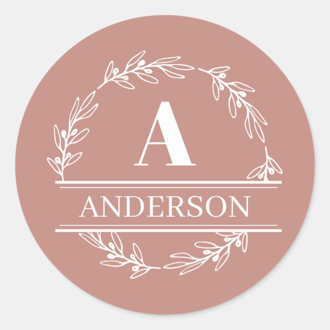 Pink Wreath Family Name Monogram  Classic Round Sticker (Front)