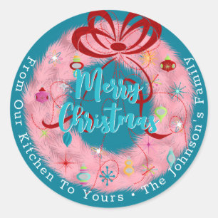 Pink Wreath Retro Christmas Classic Round Sticker