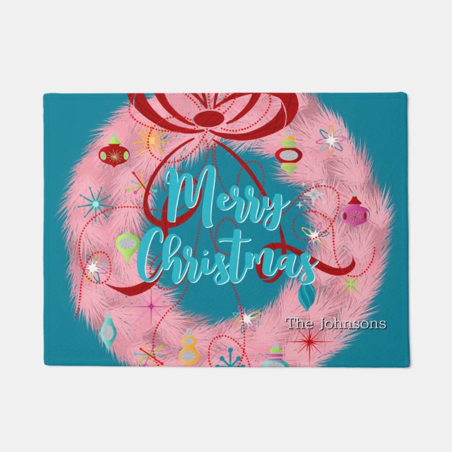 Pink Wreath Retro Christmas Doormat (Front)