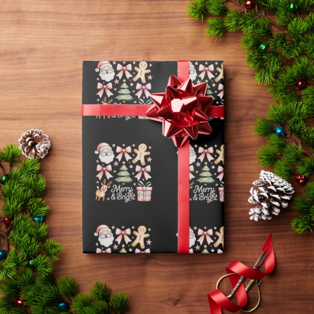 Pink Xmas Bow Christmas Tree Santa Gingerbread Wrapping Paper (Holiday Gift)