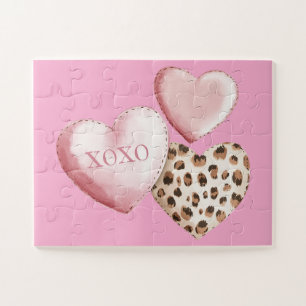 Pink XOXO Leopard Print Hearts Jigsaw Puzzle