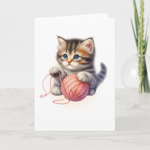 Pink Yarn and Bright-Eyed Kitten Blank Greeting Card