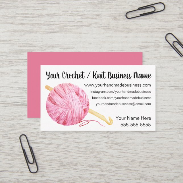 Pink Yarn Crochet Business Card (Front/Back In Situ)