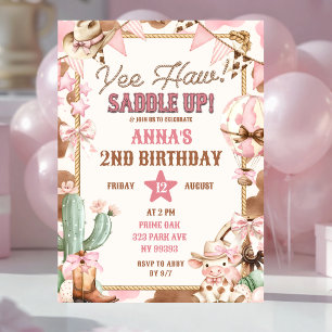 Pink Yee Haw Cowgirl Birthday Invitation