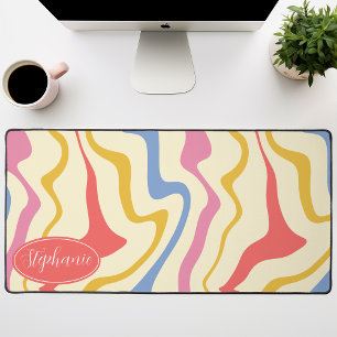 Pink, Yellow, And Blue Retro Groovy Waves Desk Mat