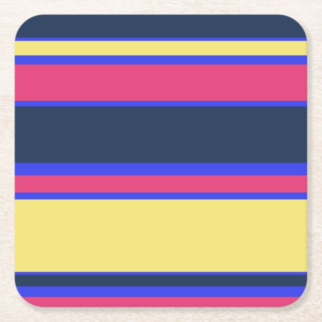 Pink, yellow and blue stripes square paper coaster (Front)