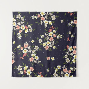 pink yellow and brown small flowers with green lea tapestry
