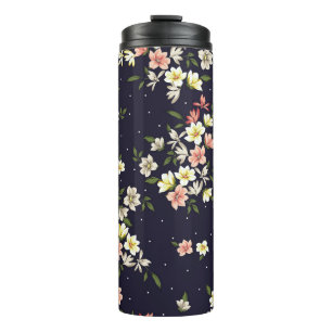 pink yellow and brown small flowers with green lea thermal tumbler