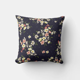pink yellow and brown small flowers with green lea throw pillow
