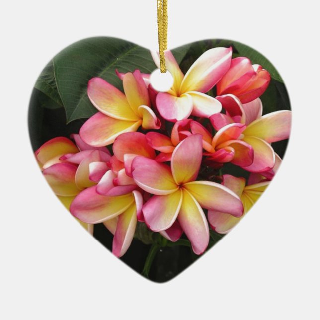 Pink, Yellow and Red Plumeria Flowers Ceramic Ornament (Front)