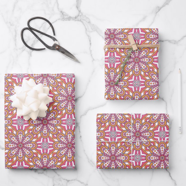 Pink Yellow and White  Circle Mandala    Wrapping Paper Sheet (Front)